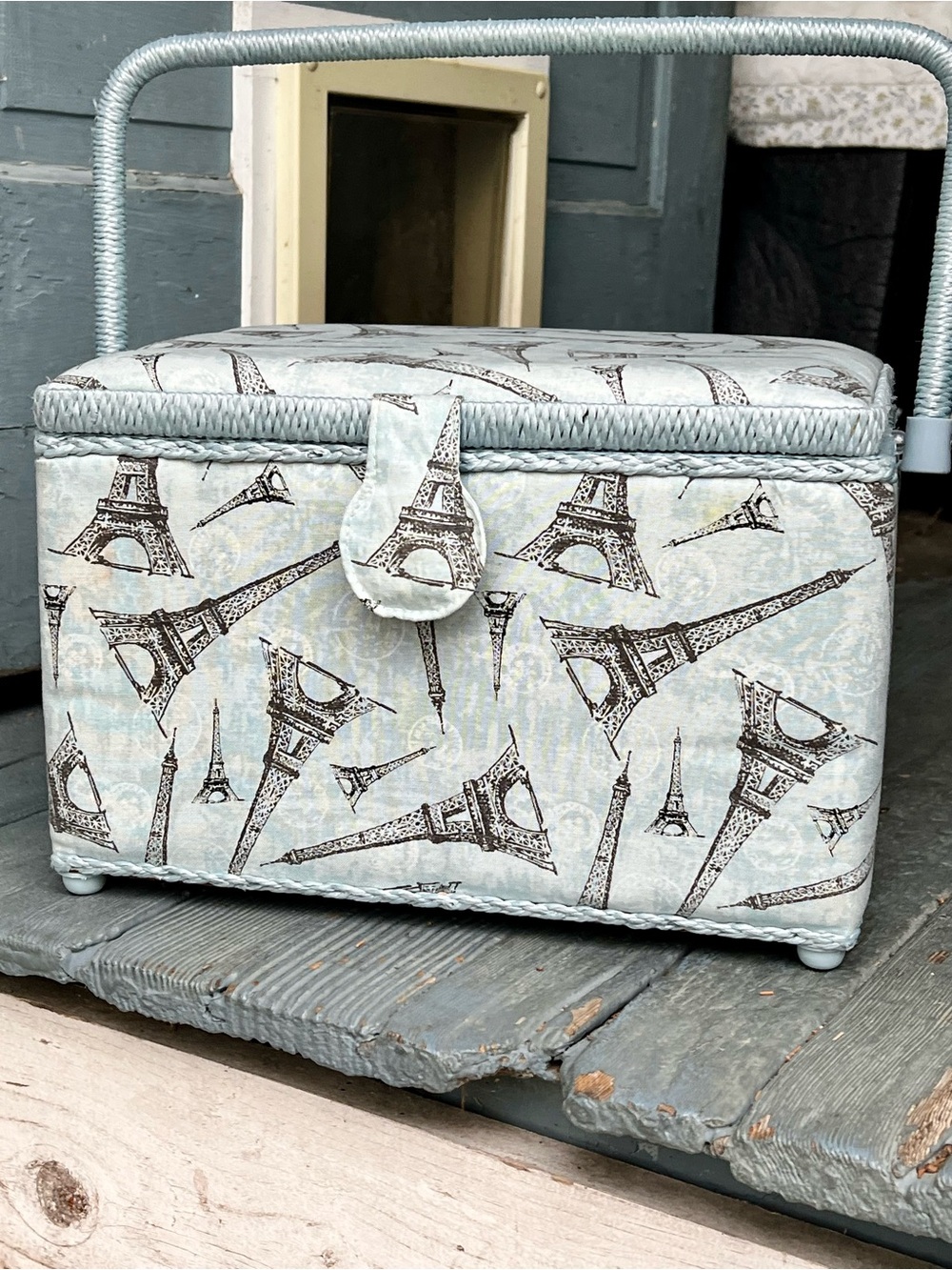 Vintage Wicker & Fabric Eiffel Tower Sewing Box Organizer Tray 11x6x8
